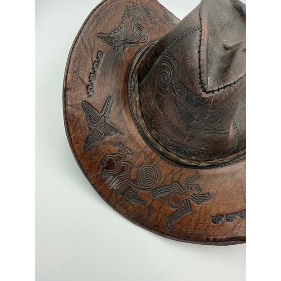 Vintage Leather Cowboy Hat - Hand Tooled Peru Souvenir - Nazca Lines Design - Picture 3 of 9
